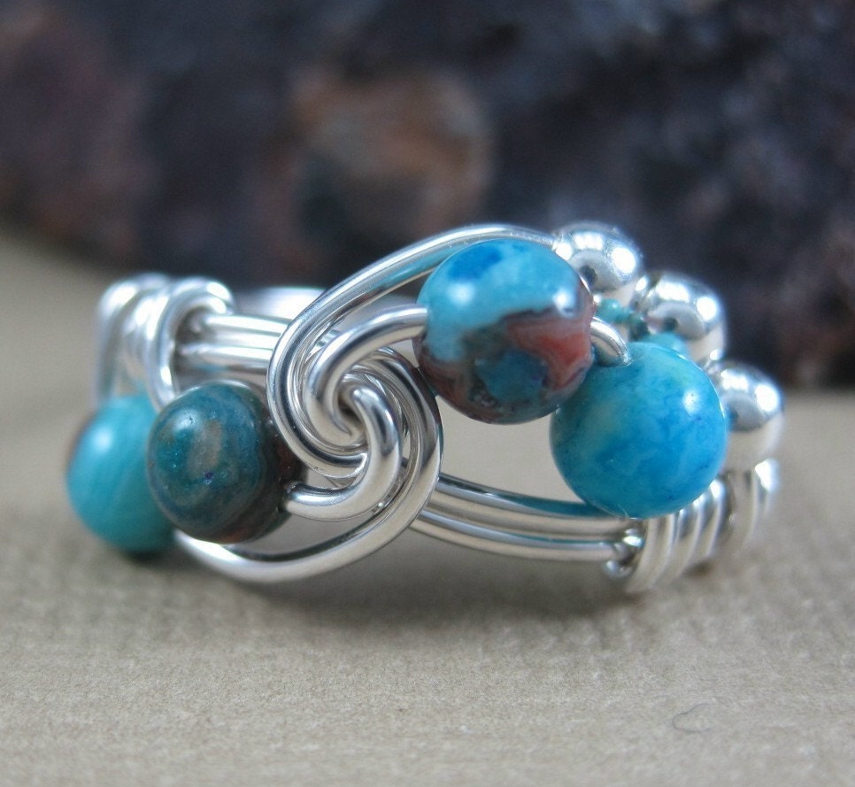 Wire Wrapped Ring Blue Crazy Lace Agate and Sterling Silver Fibonacci Sequence