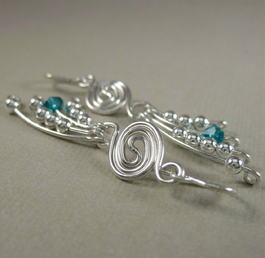 Pi -- Teal Blue Crystal and Sterling Silver Wire Wrapped Pi Dangle Earrings