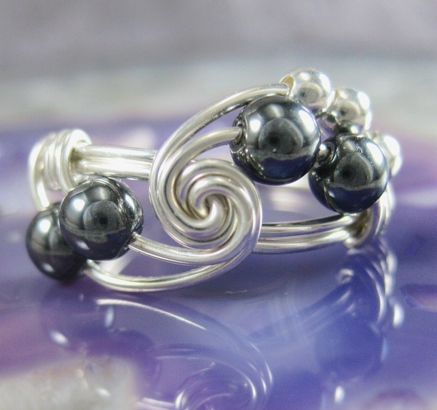 Wire Wrapped Ring Hematite and Sterling Silver Fibonacci