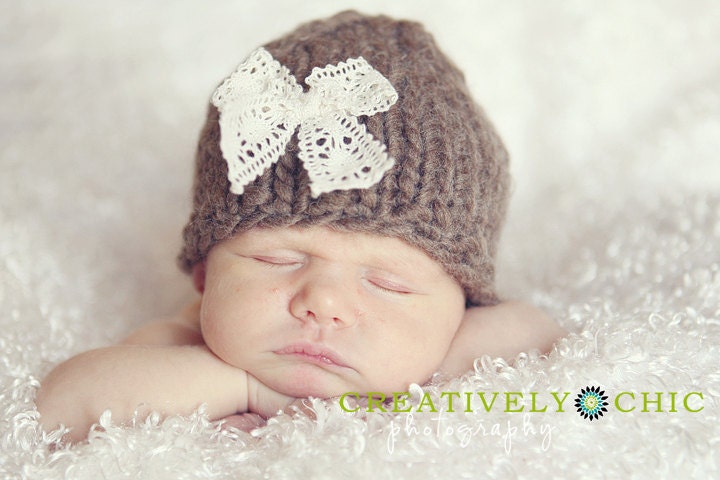 Knit Newborn Baby Hat with Lace Bow