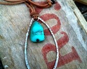 Hammered Fine Silver & Turquoise Necklace on Natural Leather Cord