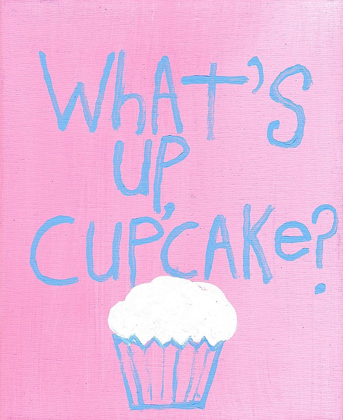 Word Art Original Painting Cupcake Art Hand Painted Typography Stretched Canvas Pink Blue & White