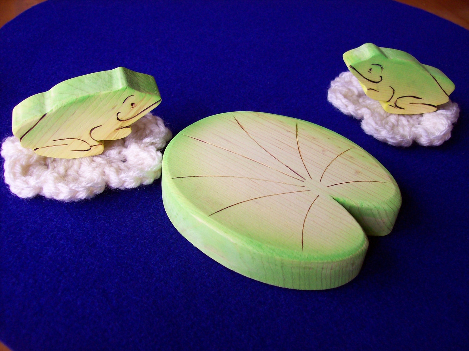 Childrens handmade wood frogs and lily pad, Bright Blue Felt Pond Toy - Includes 2 Flowers, a 6 pc set
