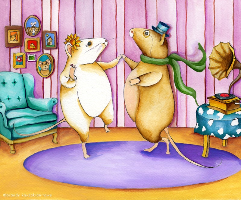 Dancing Animal Art Print - Mr and Mrs Mouse dancing in their pink house - children's illustration - watercolor print - mice, mouse, animals