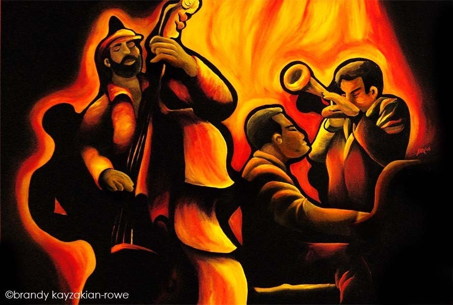 Jazz Trio painting art print - double bass, piano, trumpet musicians