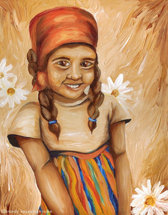 Mexican girl art print - Spanish child portrait painting, rustic colors, Diego Rivera inspired