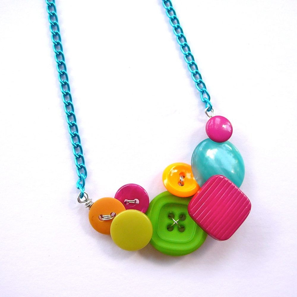 Neon Bright Jewelry - Colorful - Vintage Button Necklace - Aqua, Hot Pink, Lime Green, Orange, Yellow