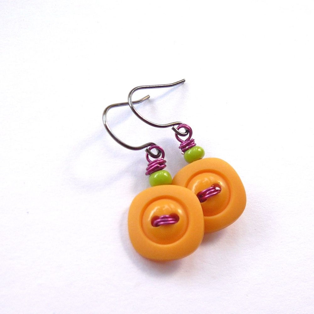 Retro Funky Bright Neon Orange Vintage Button Earrings with pink and lime