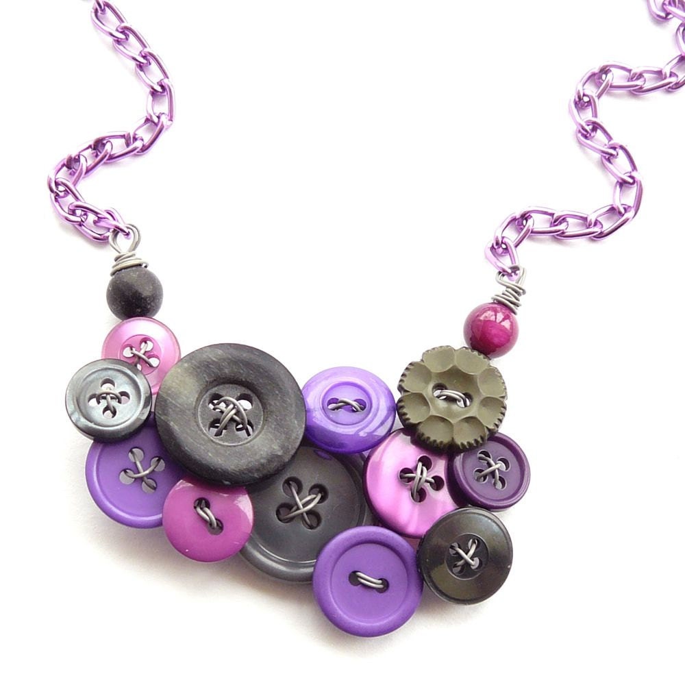 Bright Purples and Violets with Charcoal Gray Vintage Button Statement Bib Necklace