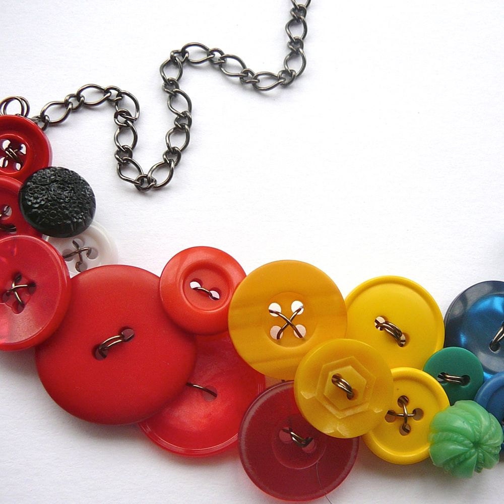 Tropical Bird Big Button Necklace in Bright Red, Yellow, Blue