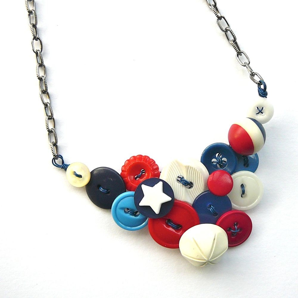 Stars and Stripes Fourth of July Red, White, and Blue Vintage Button Statement Necklace Patriotic Jewelry