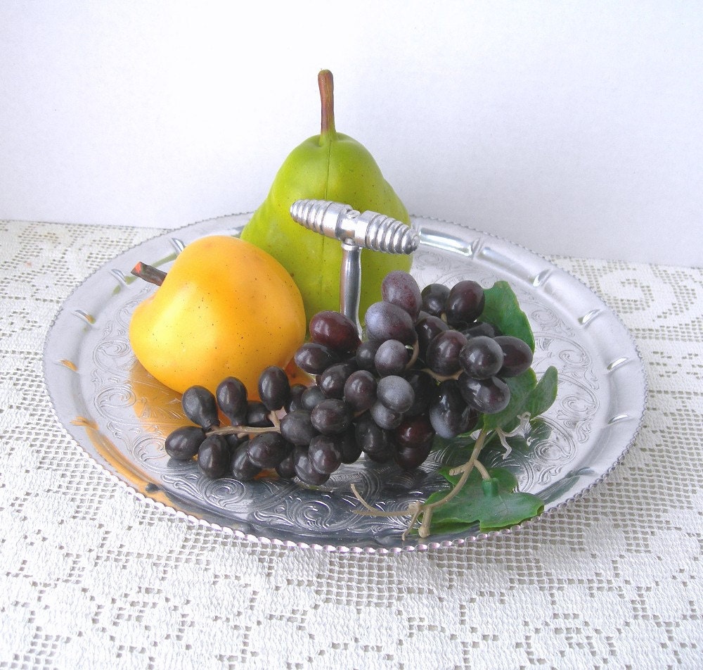 Hammered Aluminum Serving Tray with Handle Vintage 1940-50s Hostess Hors d'oeuvres Canapes Holder Wilson Specialties Brooklyn New York