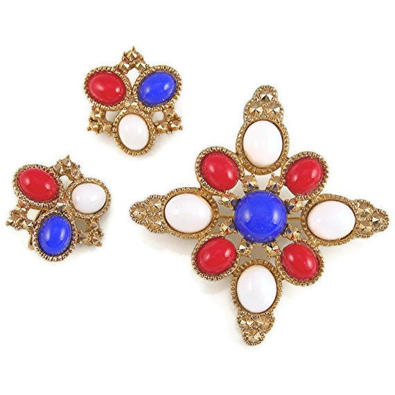 Sarah Coventry Americana Brooch Clip Earrings Demi Parure Set Made by D&E Vintage 1970s Costume Jewelry