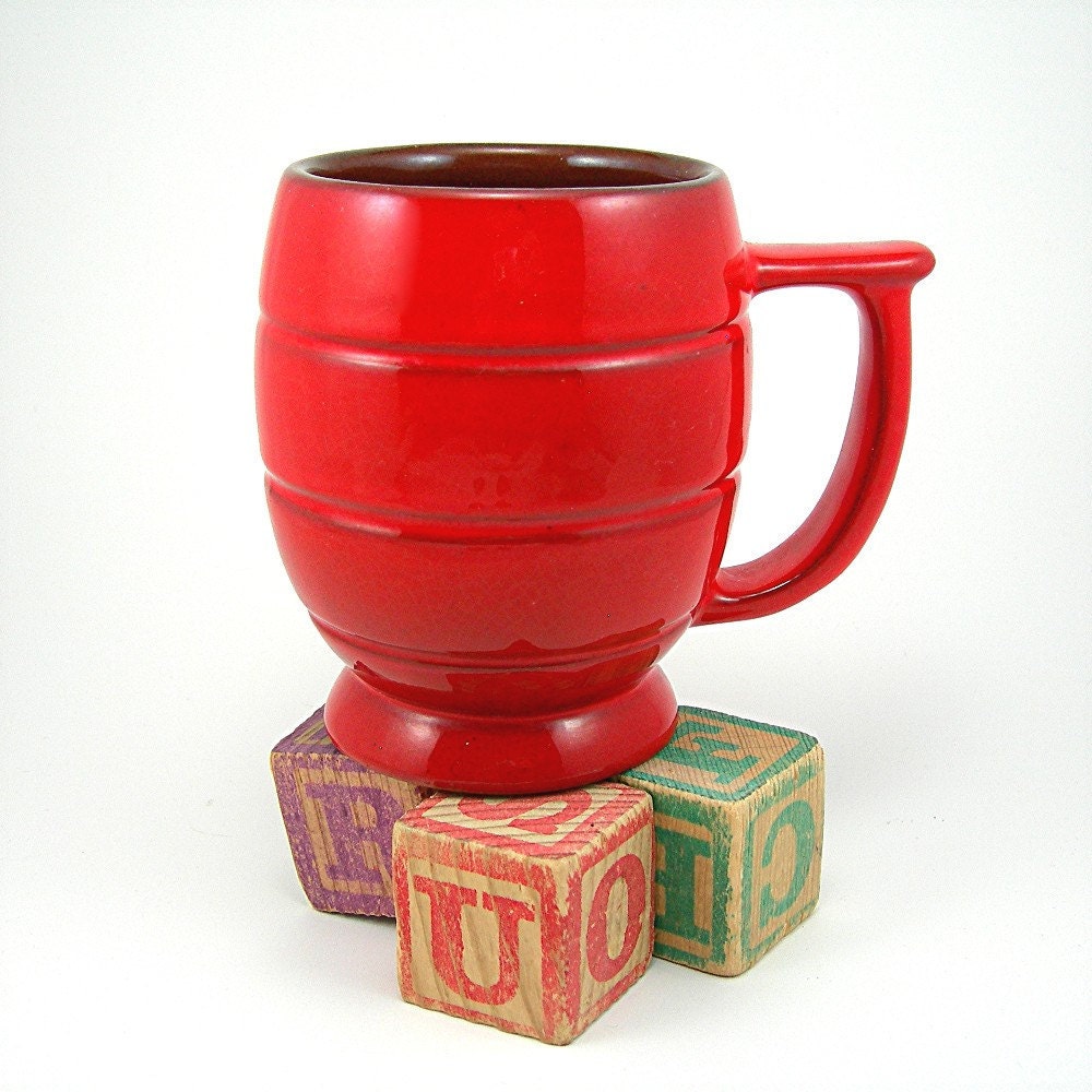 Vintage Frankoma Mug Fire Engine Red Barrel Shape Heavy Pottery Circa 1970s Coffee or Cocoa Cup Christmas Red