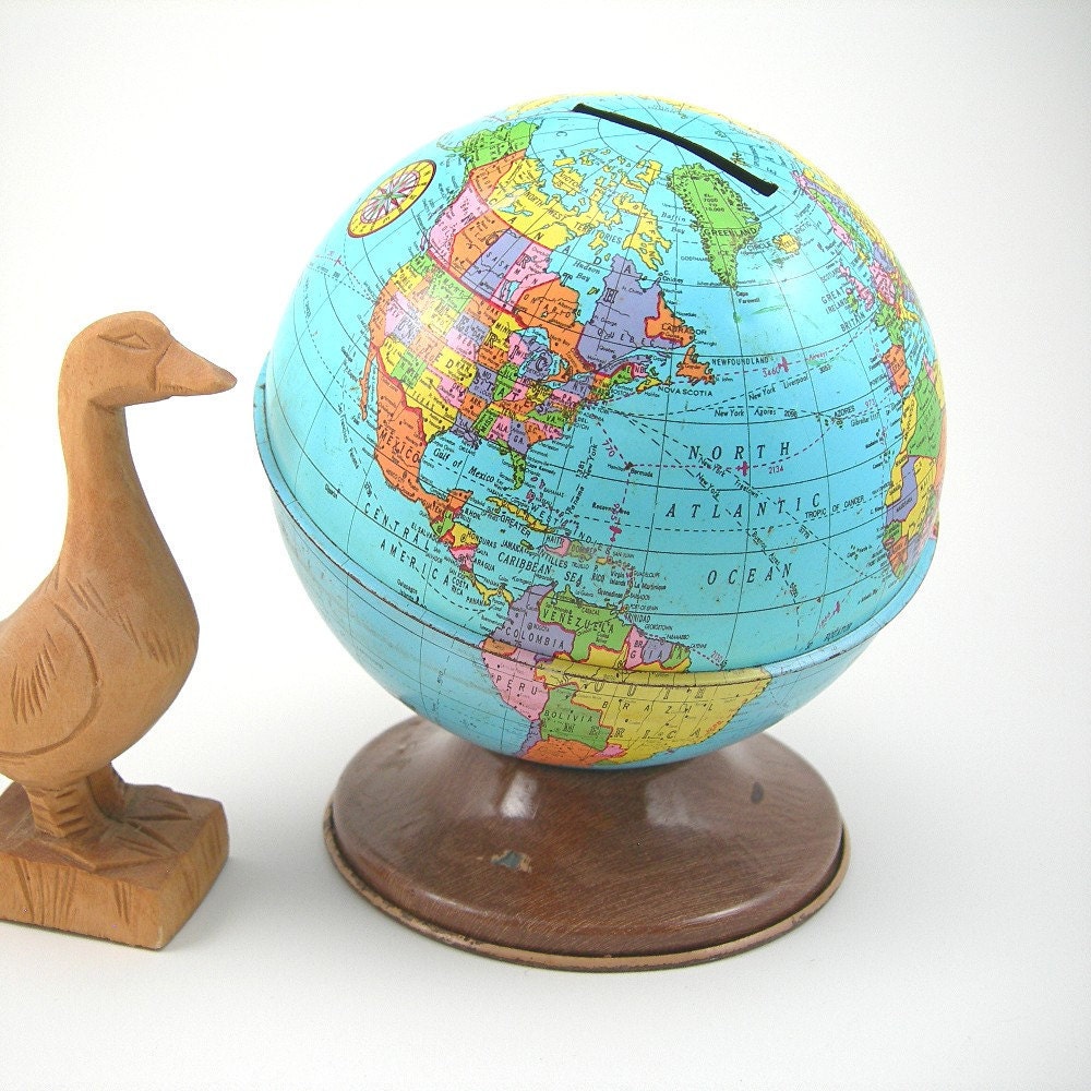 Vintage Toy Bank Metal Globe by Ohio Art by AtticDustAntiques