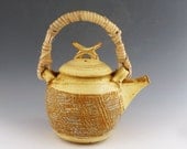 Large Stoneware Teapot  - 40 oz. - textured with caned handle -Soft Creamy Yellow / Handmade Wheel Thrown Pottery