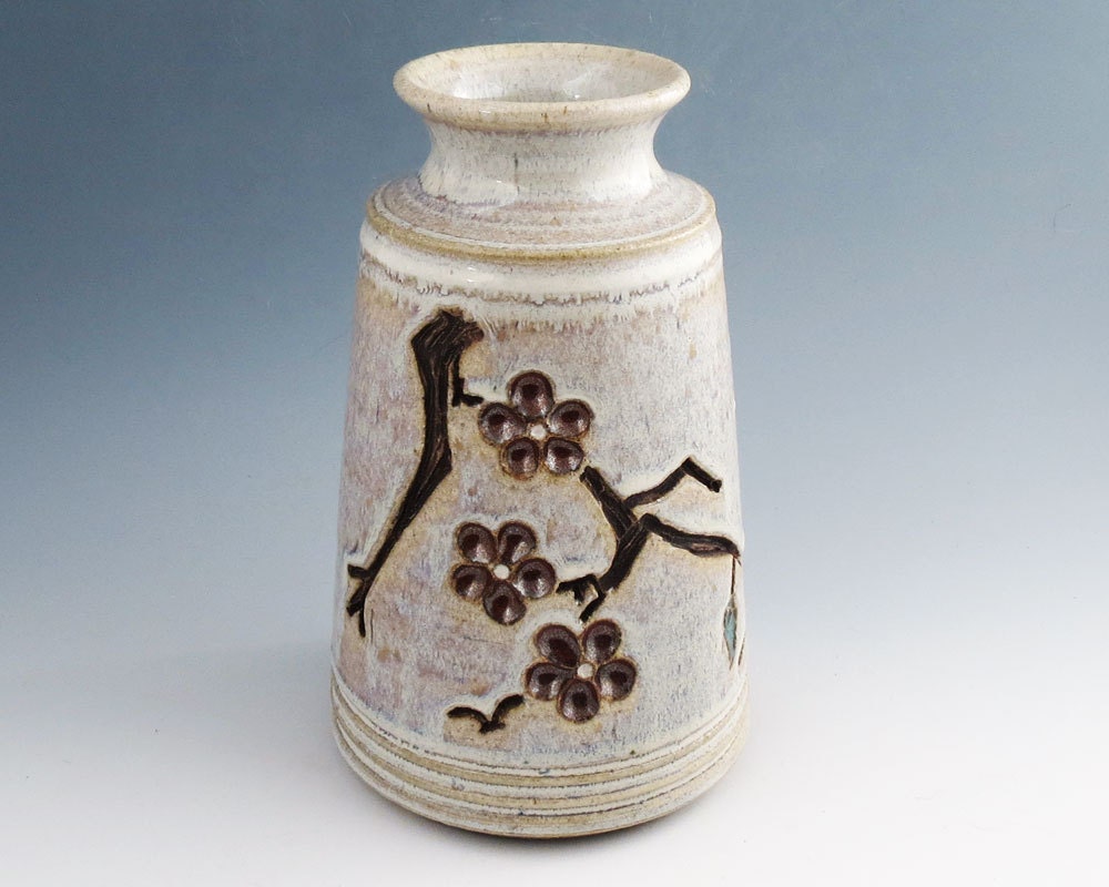 Vase with Carved Cherry Blossoms - White / Handmade Wheel Thrown Pottery