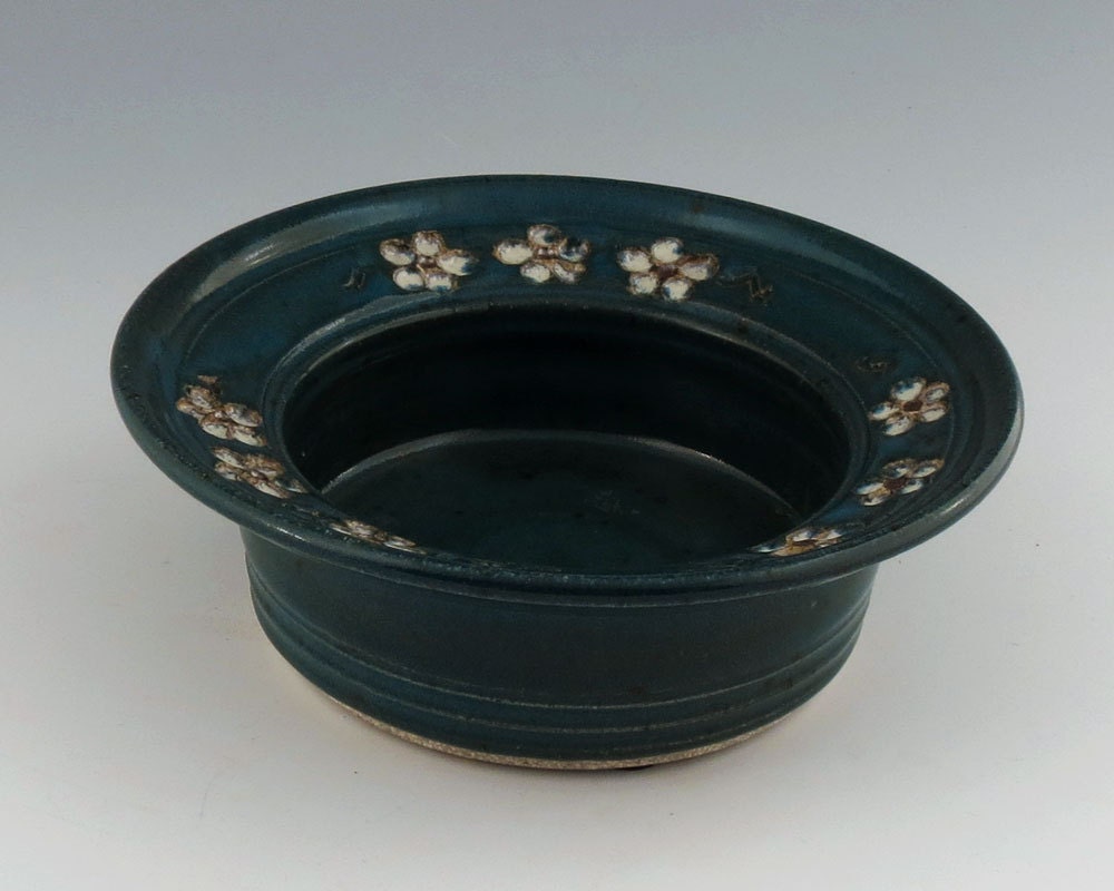 Cherry Blossom 3" Candleholder / Wine Bottle Coaster , Turquoise green, handmade wheel thrown pottery by Loma Prieta Pottery