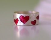 Red Heart Enamel Sterling Silver Band Ring