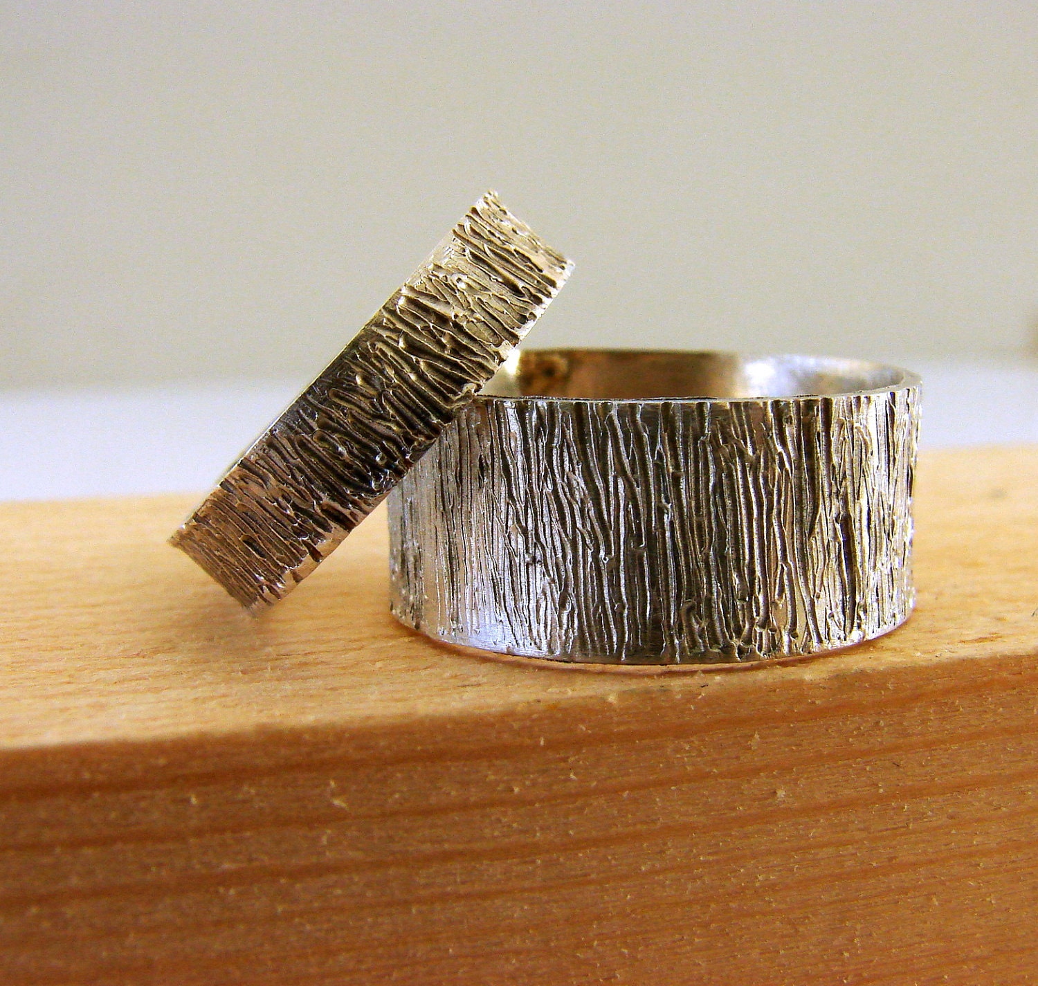 Tree Bark Sterling Silver Wedding Rings Set