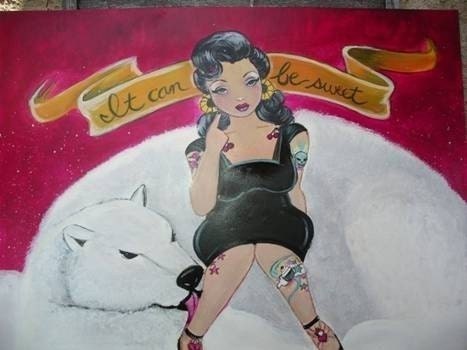 Refridgerator ART magnetic print - Girl with Cupcake Tattoos and polar bear