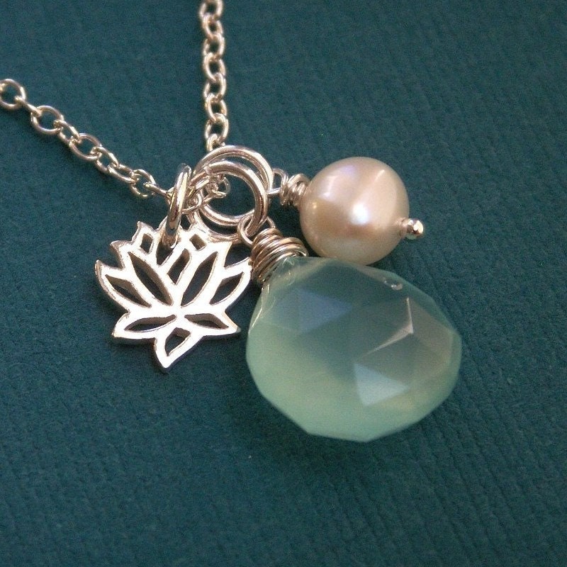 Blue lotus necklace, aqua chalcedony, lotus charm, pearl, sterling silver chain, blue necklace