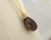 Gold necklace, smoky quartz necklace, gray gemstone, gold filled chain, faceted teardrop