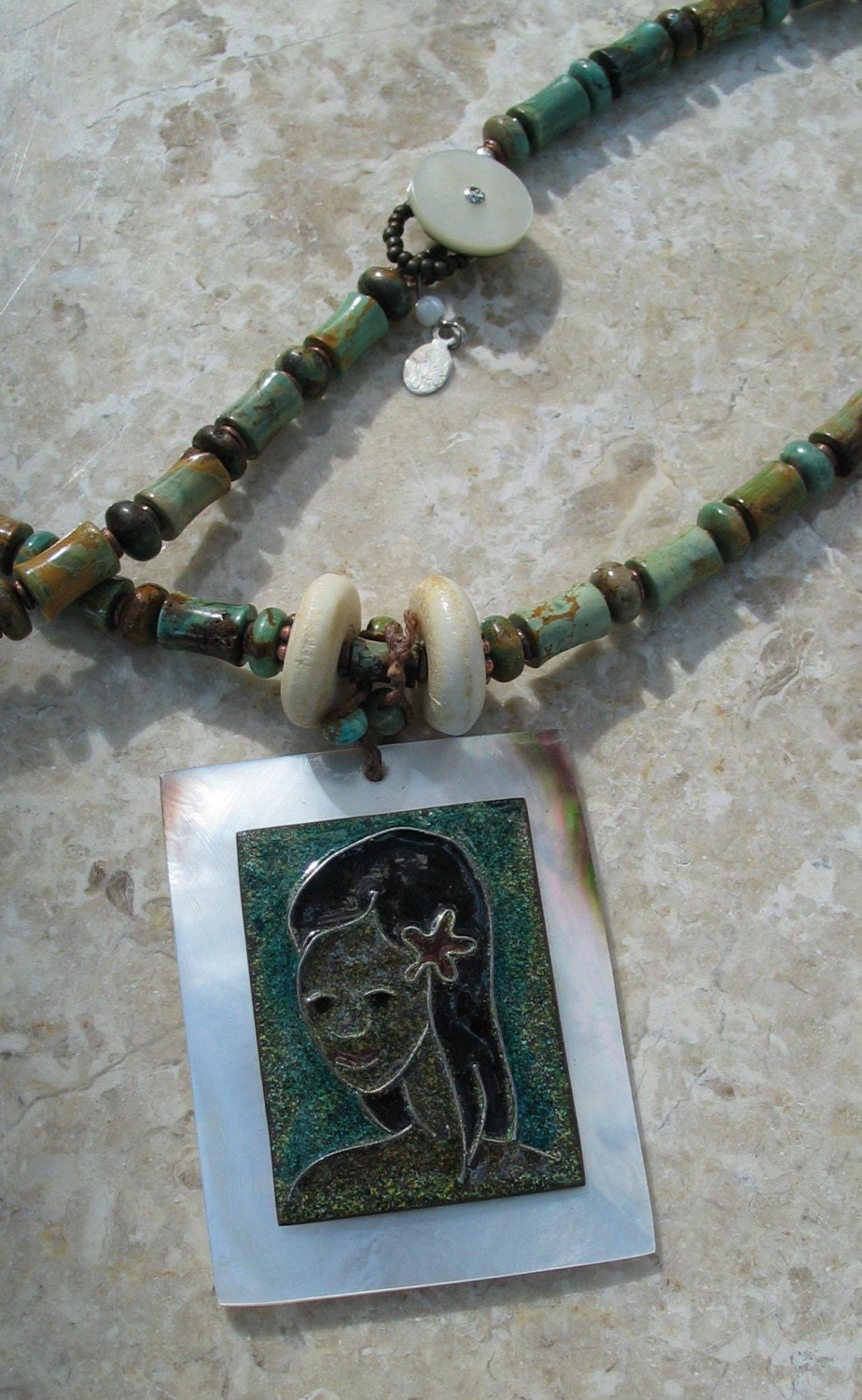 Turquoise necklace with Vintage Enameled Island Girl Mother of Pearl pendant