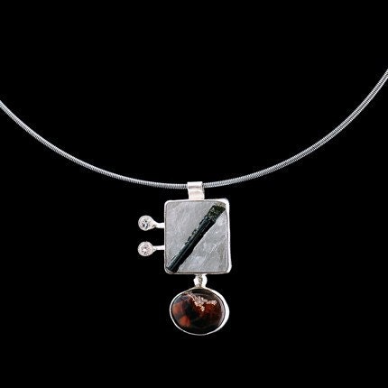 Tourmalated Quartz and Fire Agate Pendant with White Topaz