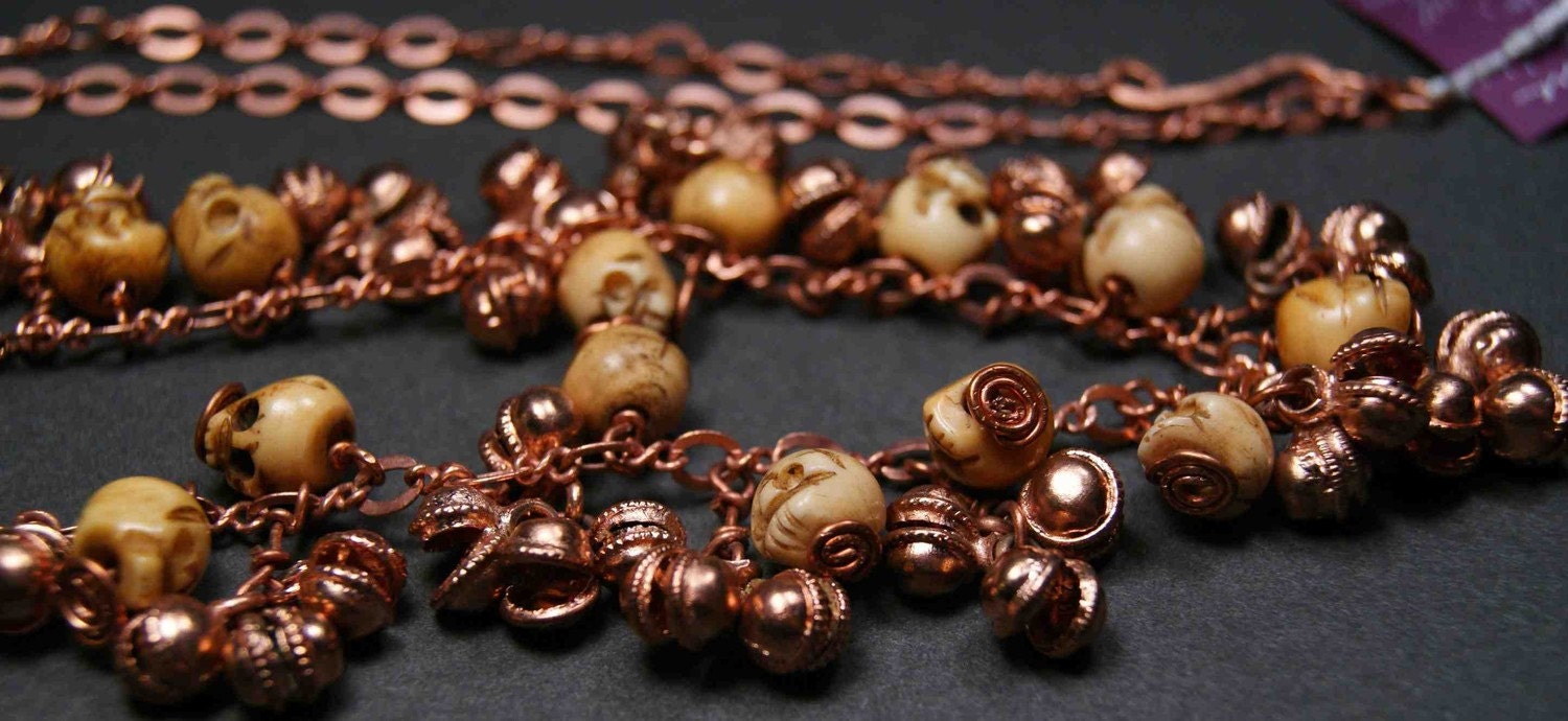 Bone Skull Copper Bell Long Necklace