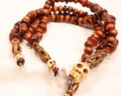 108 Wood Bead Mala with Carved Wood Skulls and Dorjes Buddhist Rosary