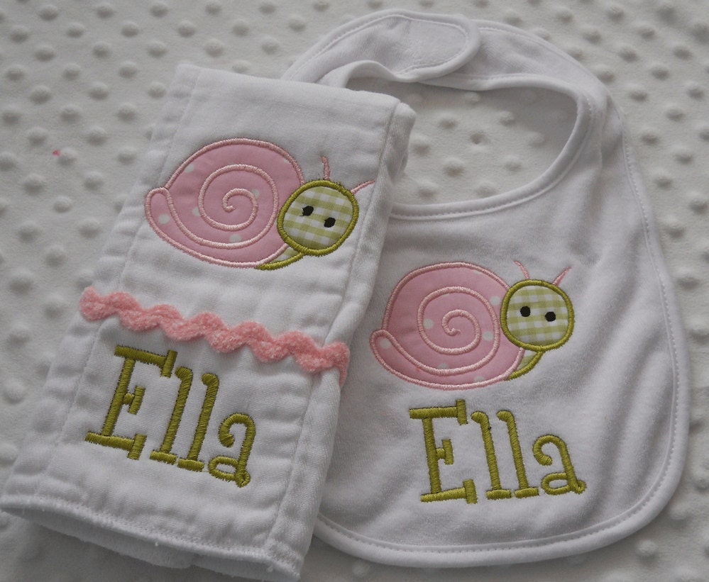 Personalized Pink and Green Baby Gift SET of Burp cloth and Bib featuring an appliqued SNaiL embroidered with baby's name GiFT SeT