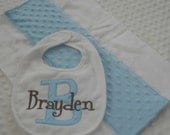 Personalized Gift Set of 1 Baby boy Bib with Appliqued INiTiaL in MiNKy and embroidered name and 1 burp cloth in Light Blue and BRoWN