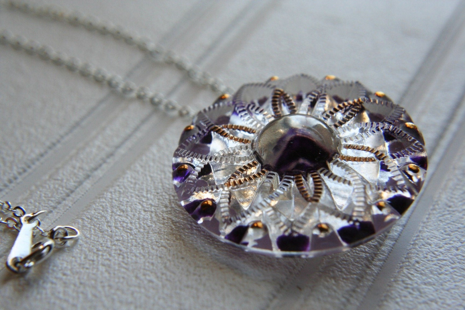 Pretty PURPLE  Czech Glass Button Pendant Necklace Large