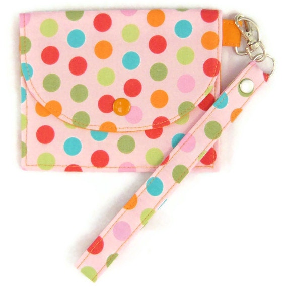 Wristlet Pouch Coin Purse Card Holder Snap Closure Zipper Pocket - Pink Pastel Dots