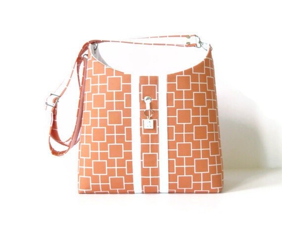 Purse Tote Hobo Bag Crossbody Bag with adjustable strap - Orange Whimsy Squares Meera Twisted