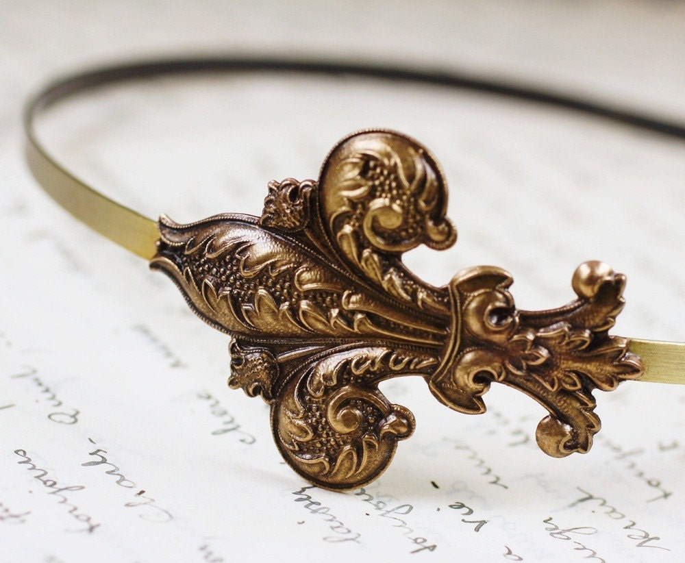 Fleur de lis headband antique style brass french Victorian