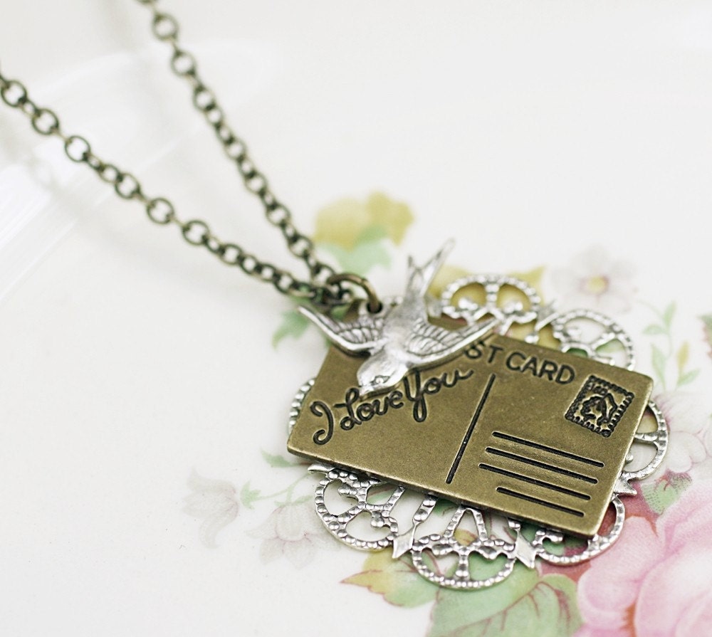 Postcard necklace i love you vintage style filigree brass bird