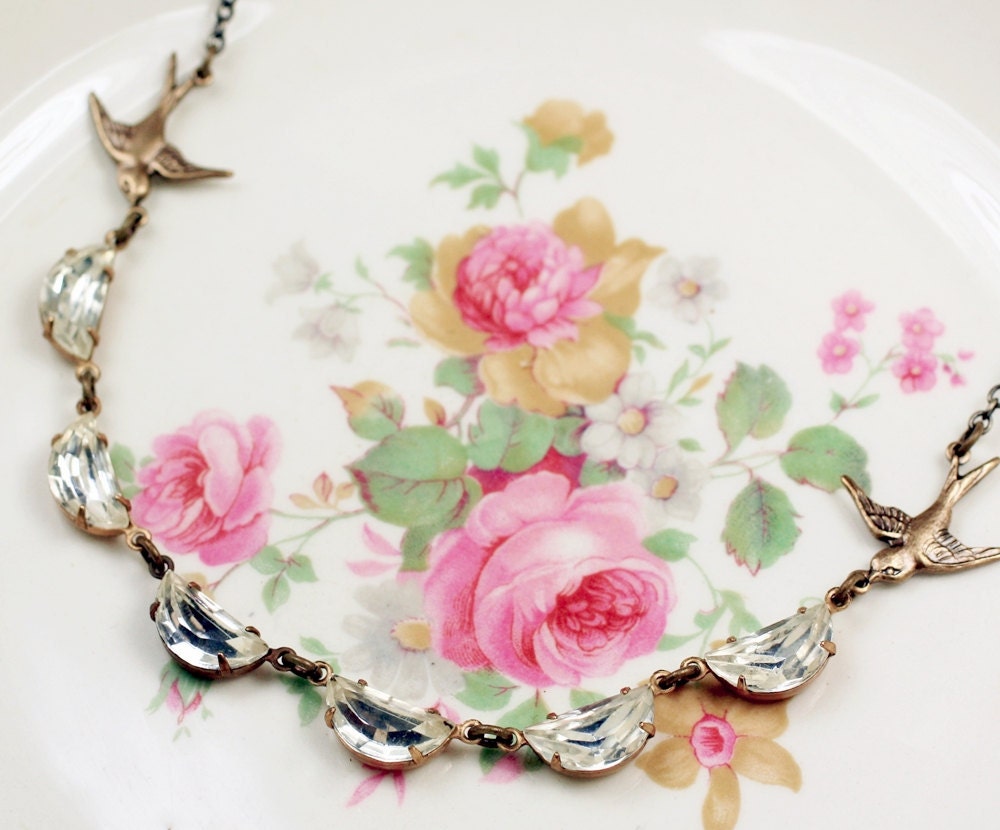 Vintage bird jewel necklace brass bridal clear rhinestone
