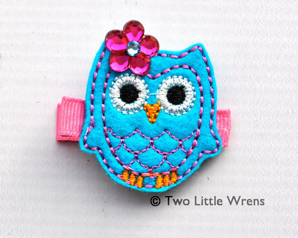 Felt Owl Hair Clip - Turquoise and Hot Pink Owl Barrette with Swarovski Crystal - Baby Hair Clip to Adult Hair Clip - SPRING SALE - See Shop