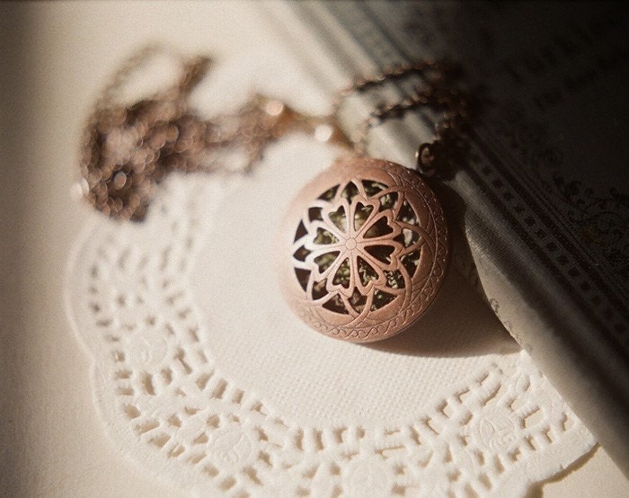 Bird nest  - antiqued copper filigree locket long necklace