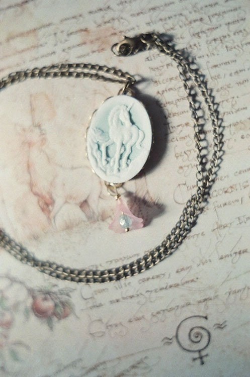 Unicorn cameo necklace, in light pink and mint green
