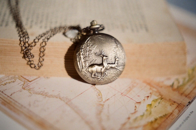 Antique bronze pocket watch necklace featuring a running deer - Discover secret places