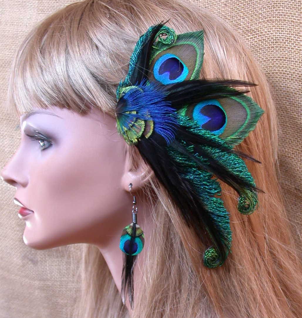 Black Peacock  Feather Hair Piece with matching Peacock Feather Earrings- Custom Made, other colors available