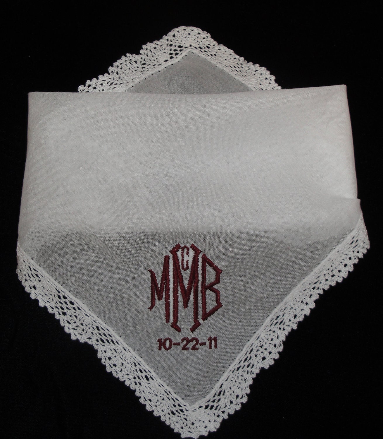 Custom Embroidered Lace Edged Hankie with Monogram or your Phrase