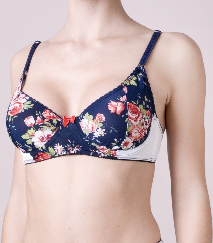 Cute Lolita Bra // Floral Print and White Spandex Bra