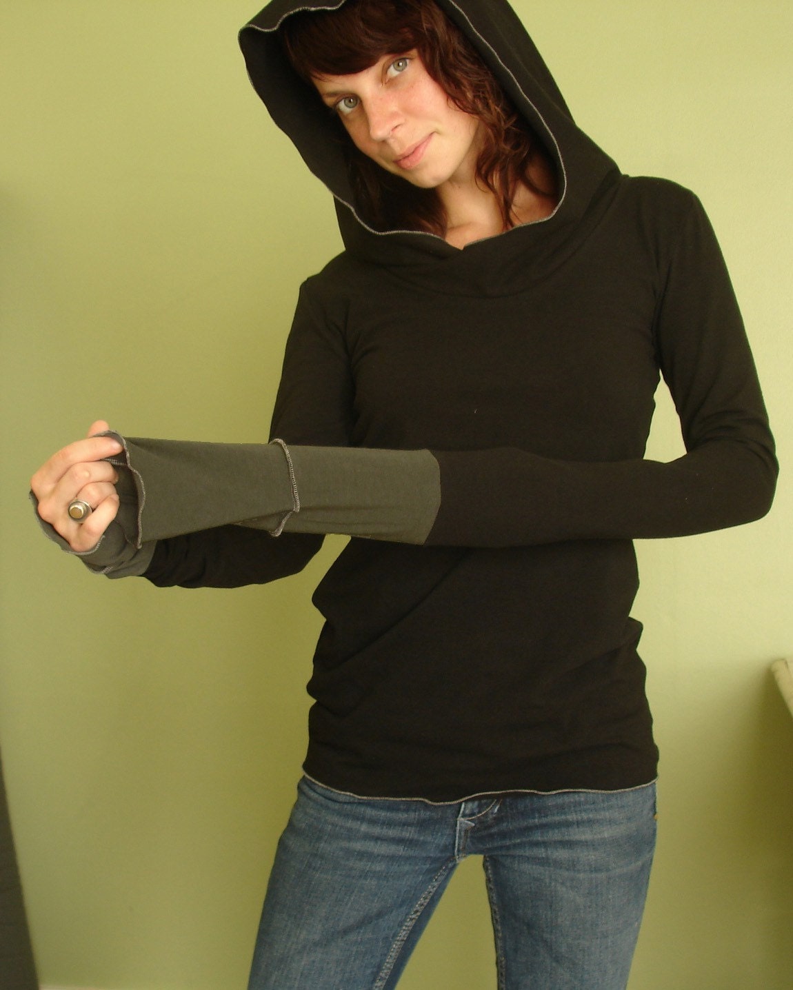 hooded top extra long sleeves BLACK/GREY