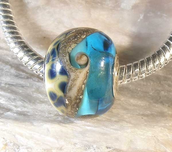 SALE - AQUA OCEAN Spray Lampwork Bead, Silver Core for Large Hole European Style Charm Bracelets Sra pb0432