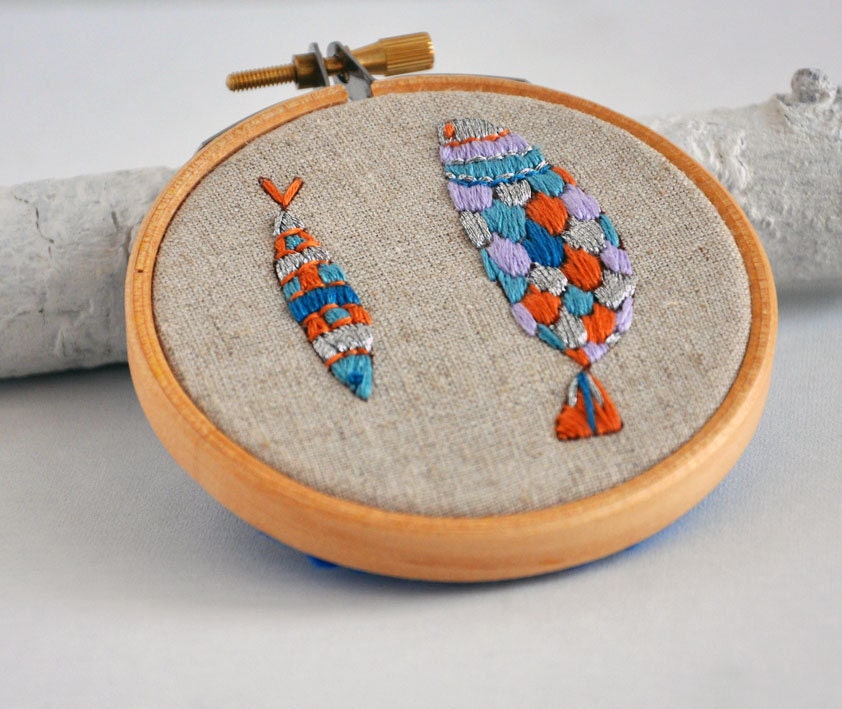 Silver Fishes - original mixed media embroidery hoop art
