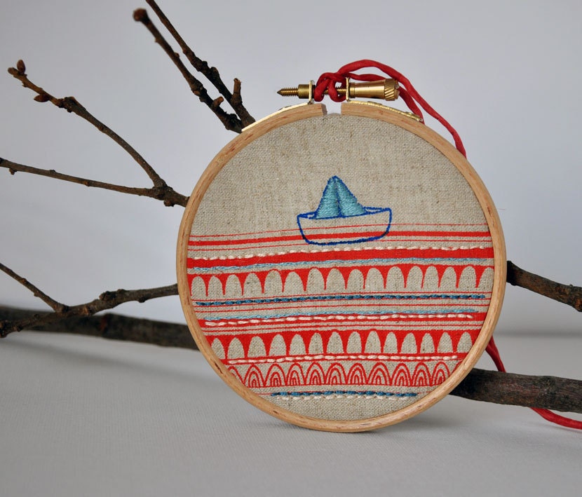 Sailboat 2 - mixed media embroidery art - hanging wall (4'' diameter)